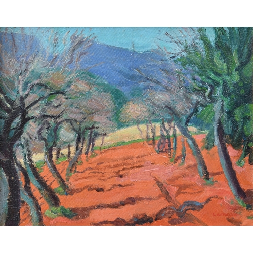 515 - Peter Carnegie (British, late 20th century), "Orange Field, Majorca", oil board, signed lo... 