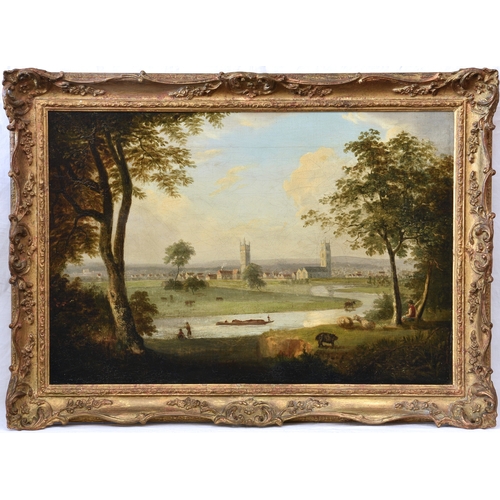 531 - English School (19th century), Pastoral river landscape with two churches and town beyond, oil canva... 