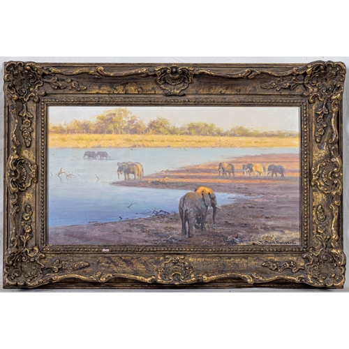 539 - David Shepherd CBE, OBE, FRSA, FGRA (British, 1931-2017), Elephants at the Watering Hole, oil on can... 