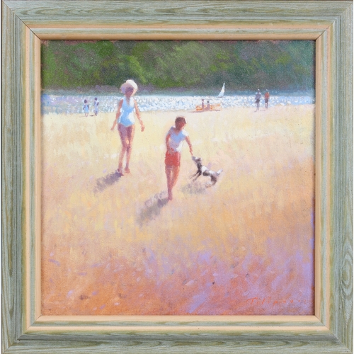 554 - Zlatan Pilipovic (b.1958 Sarajevo), Two children by the Sea Playing with a Dog, oil on hardboard, si... 