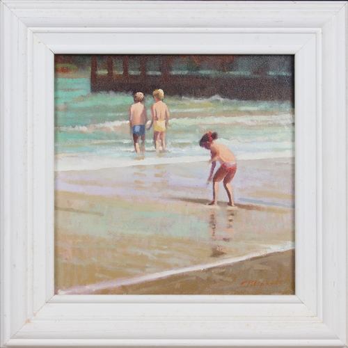 555 - Zlatan Pilipovic (b.1958 Sarajevo), Three Children on the Shoreline by a Pier, oil on hardboard, sig... 