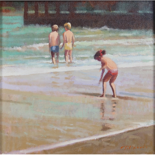 555 - Zlatan Pilipovic (b.1958 Sarajevo), Three Children on the Shoreline by a Pier, oil on hardboard, sig... 