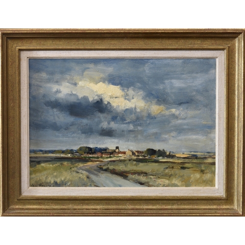 624 - Ian Houston (British, 1934-2021), A Norfolk Village, oil on hardboard, signed lower left, framed, 13... 