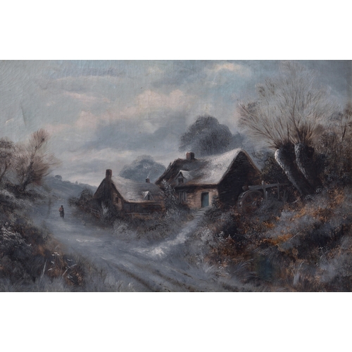 629 - Benjamin Davis (Scottish, 1869-1946), Figure by a Watermill on a Wintry Lane, oil on canvas, signed ... 