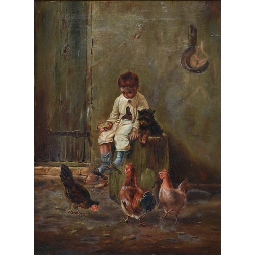 637 - English School (late 19th century), A young boy feeding chickens, oil on canvas, unsigned, reproduct... 