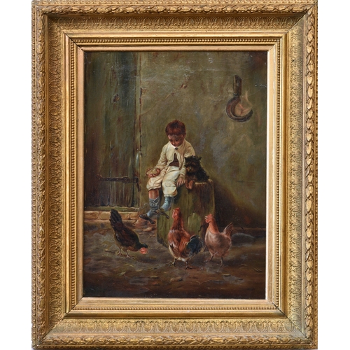 637 - English School (late 19th century), A young boy feeding chickens, oil on canvas, unsigned, reproduct... 