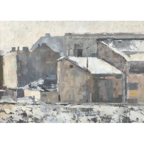 651 - English School, late 20th century, Buildings beyond Waste Ground, oil on card, unsigned, 19 x 27in. ... 