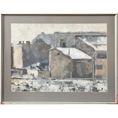 651 - English School, late 20th century, Buildings beyond Waste Ground, oil on card, unsigned, 19 x 27in. ... 