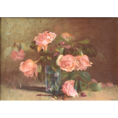 662 - English School (mid-20th century), Still life of pink roses in a glass, pastel, unsigned, framed, 15... 