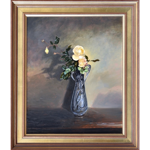 668 - Peter Newcombe (British, b.1943), Still life of roses in an Art Nouveau pewter vase, oil on canvas, ... 