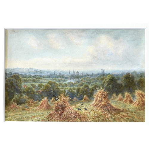 675 - English School, late 19th century, Corn stooks with a city in the distance, possibly Oxford, waterco... 