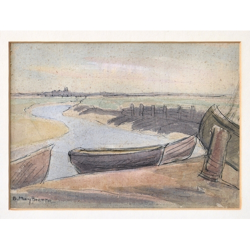 676 - B. May Brown (mid 20th century), Boats drawn up on a Riverbank, ink and watercolour on coarse brown ... 