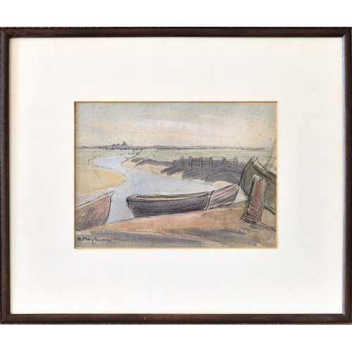 676 - B. May Brown (mid 20th century), Boats drawn up on a Riverbank, ink and watercolour on coarse brown ... 