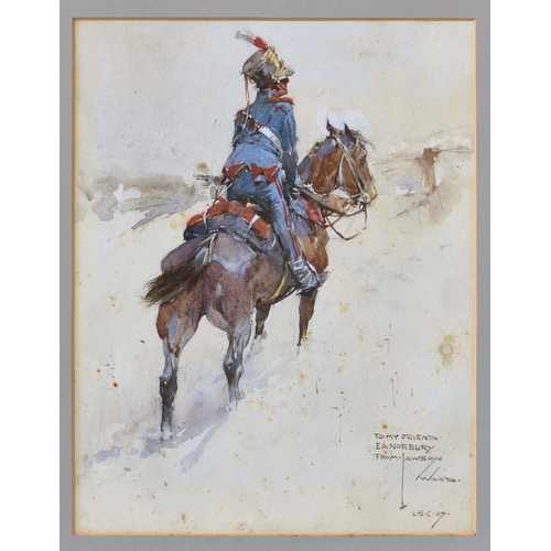 692 - Clarence Lawson Wood RI (British, 1878-1957), A mounted cavalry officer, watercolour, signed, dedica... 