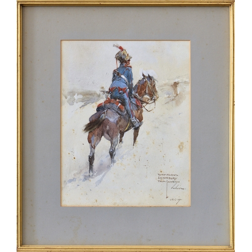 692 - Clarence Lawson Wood RI (British, 1878-1957), A mounted cavalry officer, watercolour, signed, dedica... 