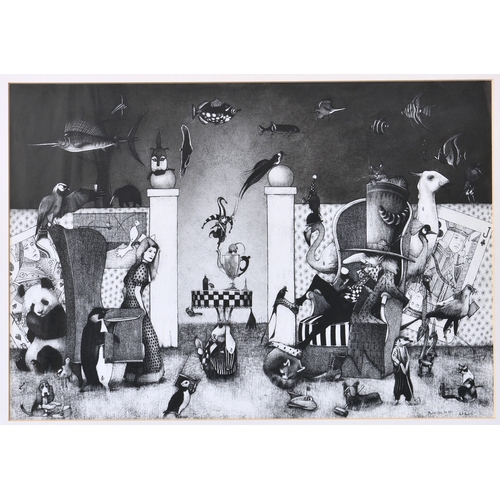 698 - Mark Brown (late 20th century), "Mad Hatters Tea Party", pen & ink and ink wash, signed, t... 