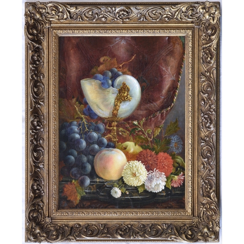 704 - F. Elton Davies (British, 1881), Still Life of fruit and flowers with a silver gilt mounted nautilus... 