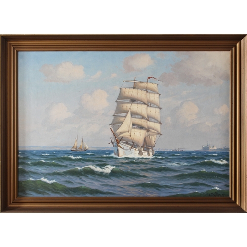 716 - Sven Age Drews (Danish, 1919-2003), A clipper at full sail off Kronborg Castle, Denmark, oil on canv... 