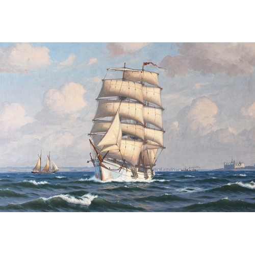 716 - Sven Age Drews (Danish, 1919-2003), A clipper at full sail off Kronborg Castle, Denmark, oil on canv... 