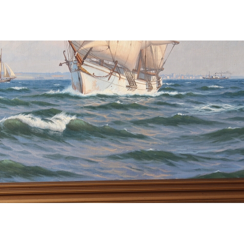 716 - Sven Age Drews (Danish, 1919-2003), A clipper at full sail off Kronborg Castle, Denmark, oil on canv... 