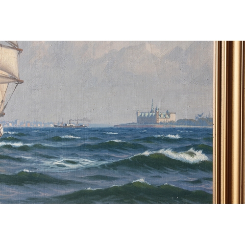 716 - Sven Age Drews (Danish, 1919-2003), A clipper at full sail off Kronborg Castle, Denmark, oil on canv... 