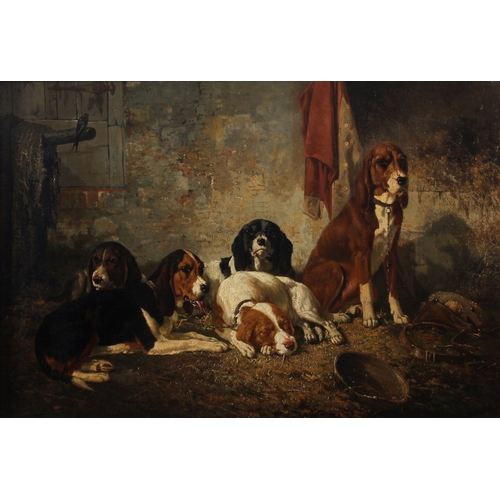 732 - Joseph Edouard Stevens (Belgian, 1816-1892), Dogs in a barn, oil on canvas, signed with the monogram... 