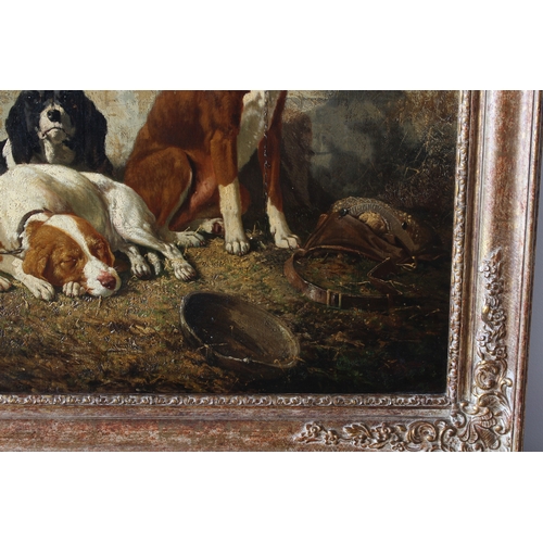 732 - Joseph Edouard Stevens (Belgian, 1816-1892), Dogs in a barn, oil on canvas, signed with the monogram... 