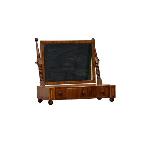 802 - A 19th century box base mahogany and rosewood toilet mirror, the rectangular plate on bobbin turned ... 