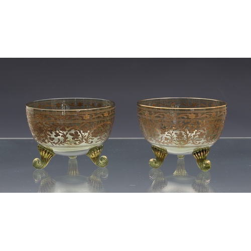 146 - A set of four John Walsh etched and green cased wine glasses, first half-20th century, the bowls wit... 