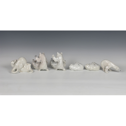 100 - Five Royal Copenhagen porcelain figurines of polar bears, each marked beneath, pattern numbers, 1107... 