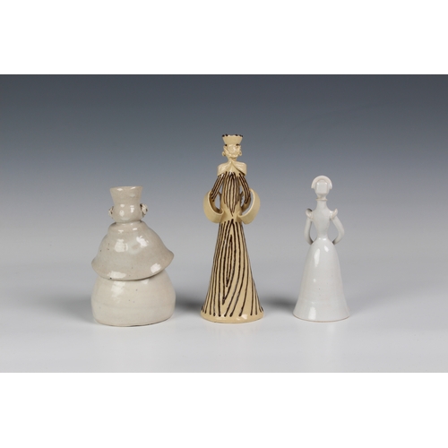 108 - Three mid 20th century comical figures by Marion Morris, the tall female figure in a sand glaze, sig... 