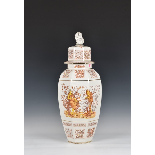 121 - A octagonal floor vase and cover, the central decoration depicting two ladies amidst grapevine, and ... 