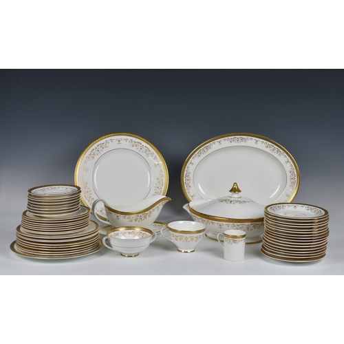 122 - A Royal Doulton Belmont pattern part dinner service, with gold encrusted band and gold scrolls and... 