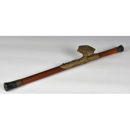 1244 - A Chinese white metal mounted bamboo opium pipe, probably Qing Dynasty, with mottled spinach and och... 