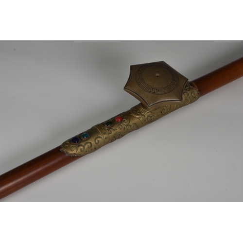 1244 - A Chinese white metal mounted bamboo opium pipe, probably Qing Dynasty, with mottled spinach and och... 