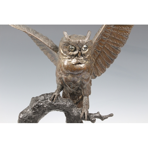 1250 - A Japanese silvered bronze okimono of an owl, Meiji period (1868-1912), the silvered owl with inset ... 