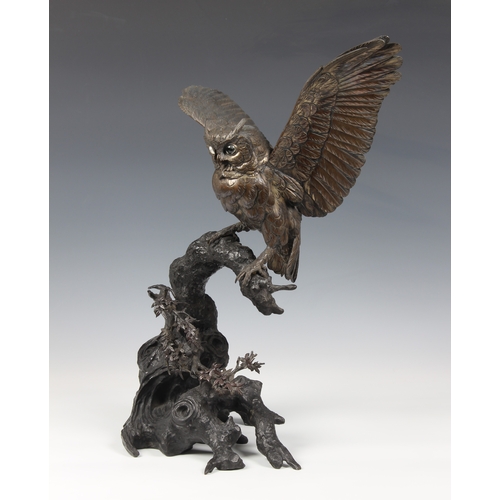 1250 - A Japanese silvered bronze okimono of an owl, Meiji period (1868-1912), the silvered owl with inset ... 