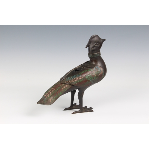 1251 - A 19th century Chinese archaistic bronze and champlevé enamel pheasant incense burner, of a 16th cen... 