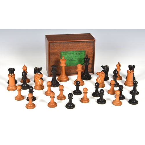 A Jaques & Son Staunton pattern boxwood and ebony chess set, the king 8 ...