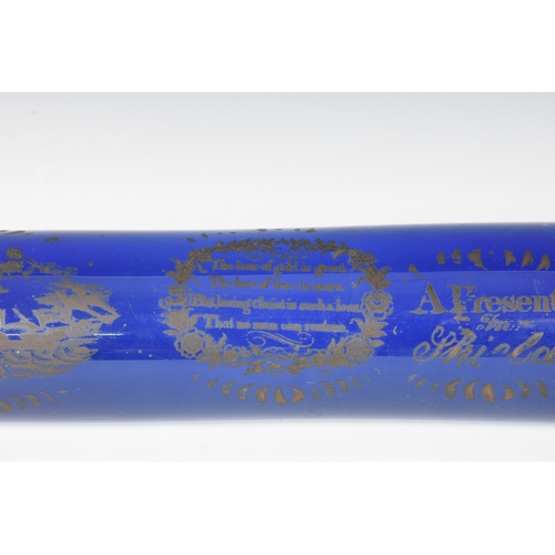 143 - An early 19th century unusually large 'Mariners' Bristol glass cobalt blue rolling pin, gilt transfe... 