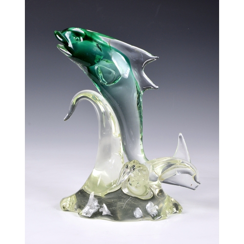 151 - A large Murano glass fish sculpture, signed Rostrato 1976, clear and green glass fish, jumping over ... 