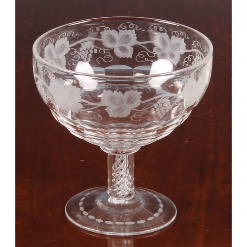 173 - A large 19th century glass pedestal footed bowl, with air-twist stem, the bowl with a deep band of e... 