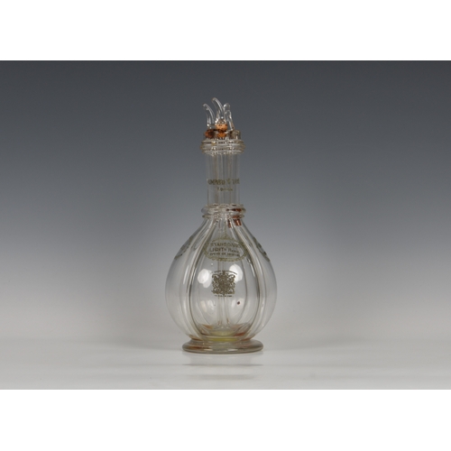 184 - An Edwardian Humphrey Taylor four division glass liqueur decanter, with acid etched decoration to ea... 