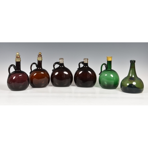 185 - Collection of nineteenth century coloured glass spirit flagons and bottles, to include pair of 19th ... 