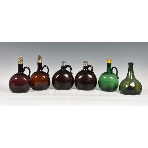 185 - Collection of nineteenth century coloured glass spirit flagons and bottles, to include pair of 19th ... 