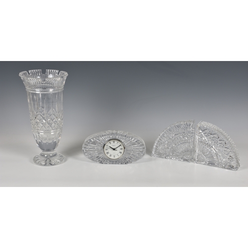 189 - Waterford Crystal - clock / vase and bookends, the bookends in 'Lismore' pattern of quadrant / fan f... 