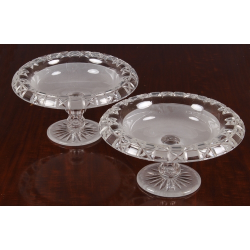 191 - A pair of Victorian cut and frosted glass tazzas, each bowl with turnover rim with panel and cross c... 