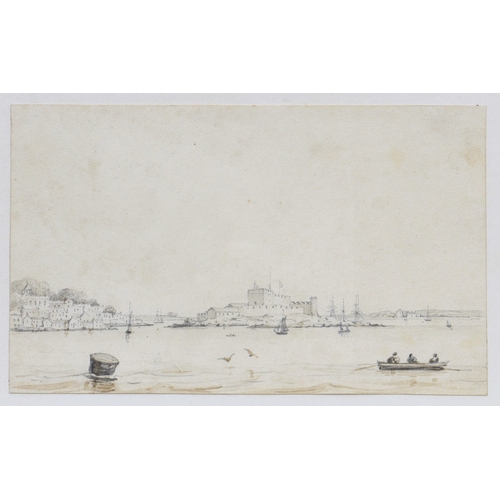 203 - English School, 19th century, Coastal landscape, possibly Castle Cornet and St Peter Port, pencil sk... 