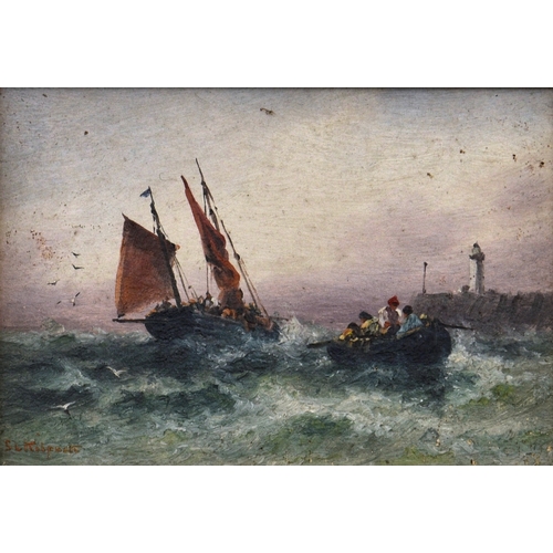 209 - Sarah Louisa Kilpack (British, 1839-1909), Boats off Plymouth breakwater, oil on card, signed lower ... 