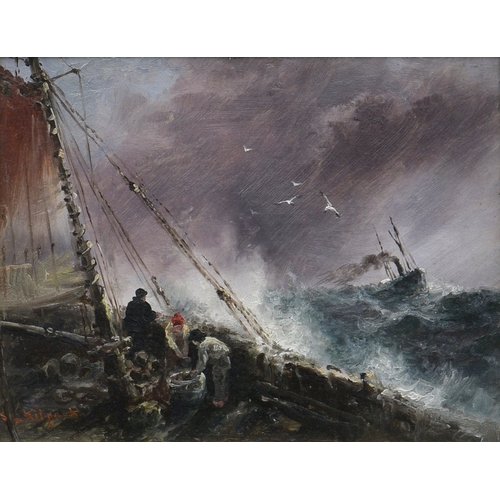 210 - Sarah Louisa Kilpack (British, 1839-1909), Watching a steamer in rough seas, oil on board, signed lo... 